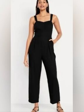 Old Navy Linen Rayon Black Jumpsuit With Pockets Adjustable Straps Smocked Back